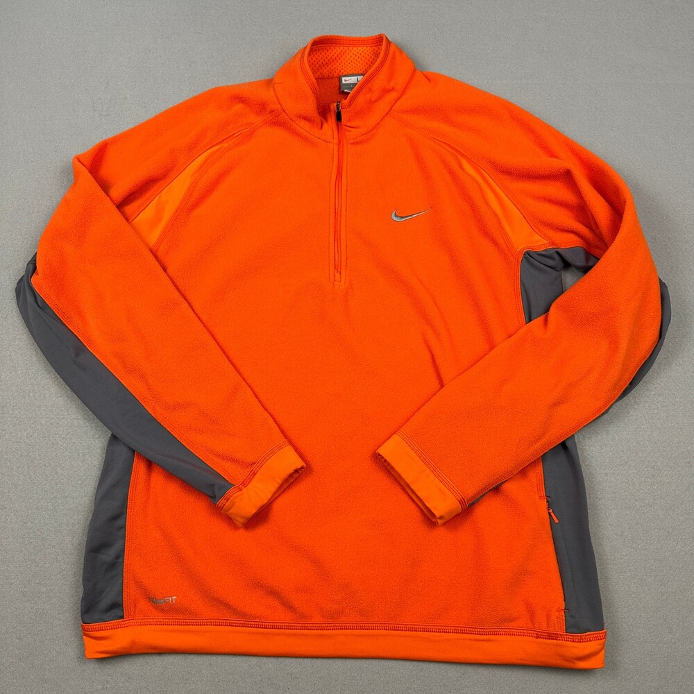 Nike Jacket Men Large Orange 1/4 Zip Fleece Pullover Swoosh Embrodery Pocket L